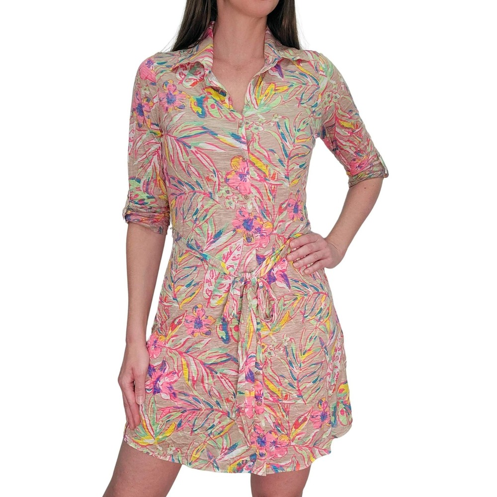 David Cline Crushed Khaki
Front-Tie Belt Dress Floral Multi Roll-Tab Sleeve S